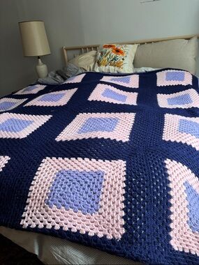 Handmade Crochet Granny Square Blanket Navy Pink Purple Cottagecore